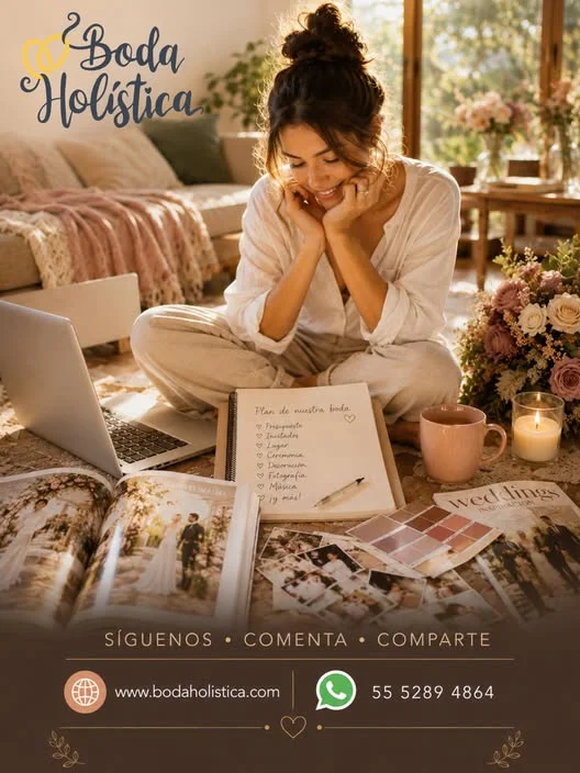 Mujer trabajando en la organización de su boda con laptop, libreta de planificación, revistas y muestras de color para definir los primeros detalles.